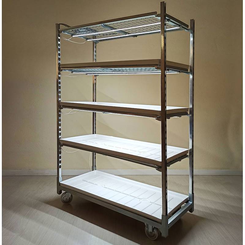 Wire-mesh trolley with LED lights kit for GERMINATION AND GRAFTING, Optional: With DC water trays, Box: 18 Trolleys, Shelf: 4 shelves with lights