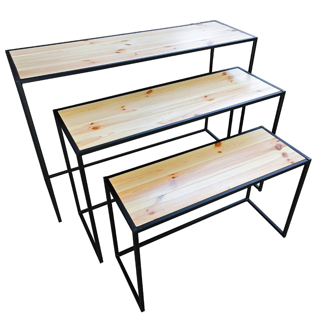 Комплект журнальных столиков из натурального дерева с черной железной рамой, Box: 6 штук