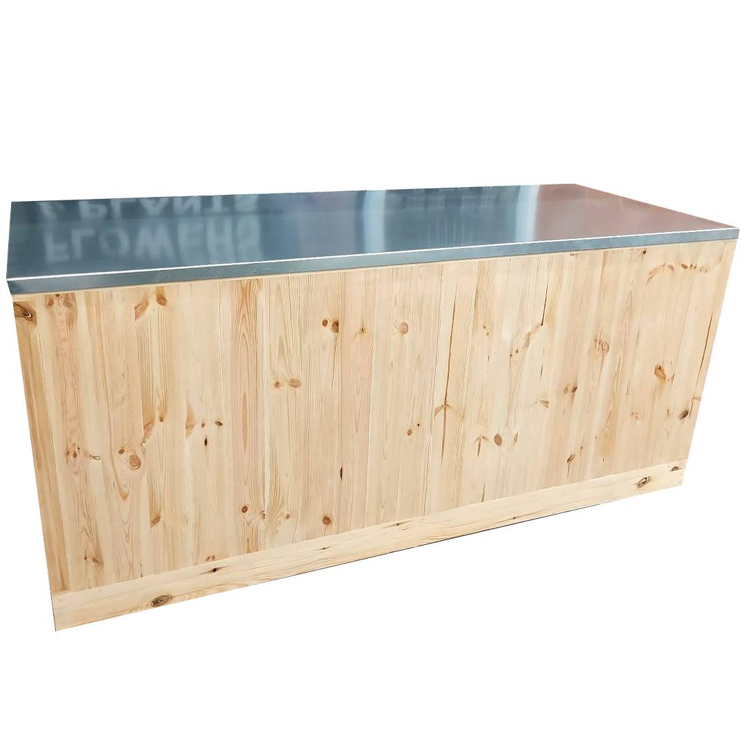 Natural wood counter with galvanized sheet metal top, Size: 200 x 80 cm, Height: h 100 cm, Box: 4 units