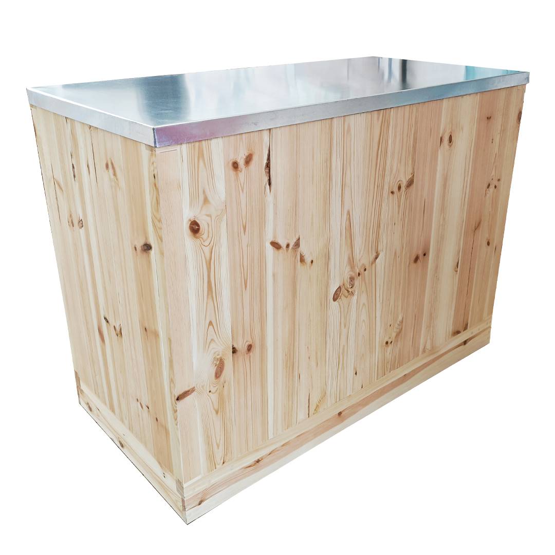 Natural wood counter with galvanized sheet metal top, Size: 120 x 60 cm, Height: h 90 cm, Box: 4 units