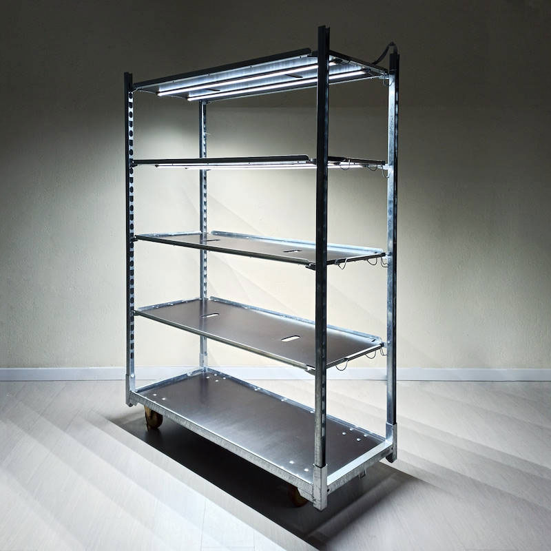 DC trolley with led lights kit for GERMINATION AND GRAFTING, Optional: Without DC water trays, Box: 18 DC carts, Shelf: 4 shelves with lights