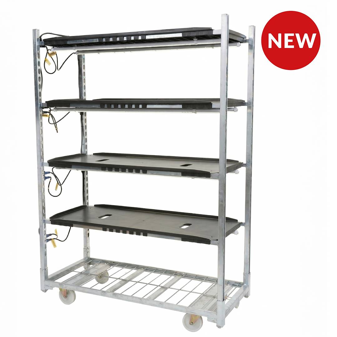 Wire mesh trolley 1350 with TUBE WHITE PAR LED germination lights, Optional: Without DC water trays, Box: 18 units