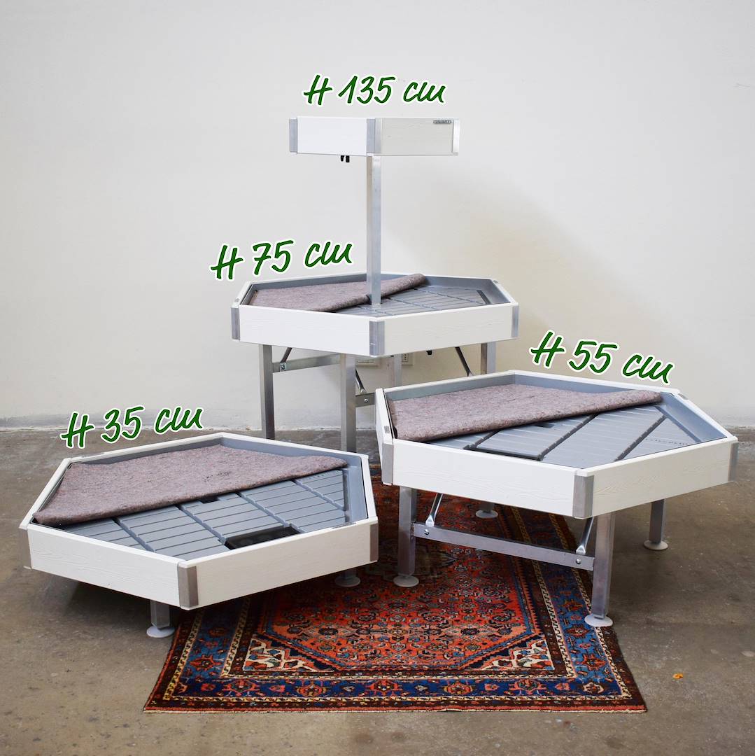 Hexagonal, wood line AMOR, Exhibition Set: Set 3 PIECES + RAISED BENCH, Color: White wood, Box: 3 Sets