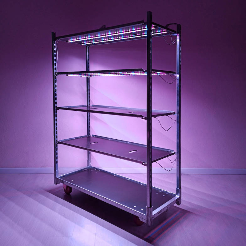 DC trolley with led lights kit for microgreens, Optional: Without DC water trays, Box: 18 DC carts, Shelf: 4 shelves with lights