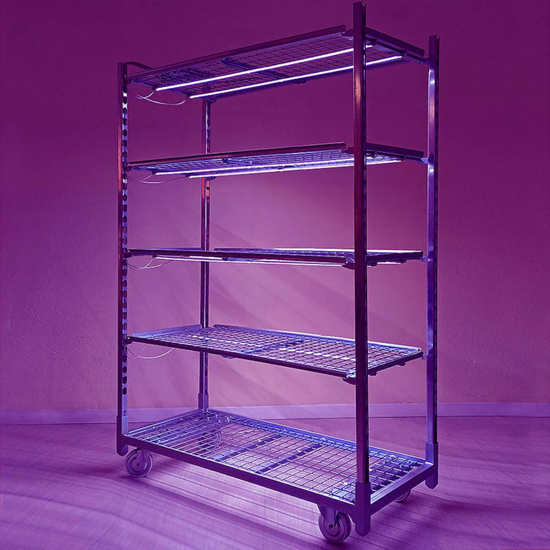 Wire-mesh trolley with LED lights kit for microgreens, Optional: With DC water trays, Box: 6 Trolleys, Shelf: 4 shelves with lights