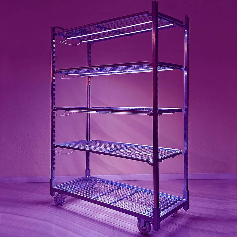 Wire-mesh trolley with LED lights kit for microgreens, Optional: Without DC water trays, Box: 18 Trolleys, Shelf: 4 shelves with lights