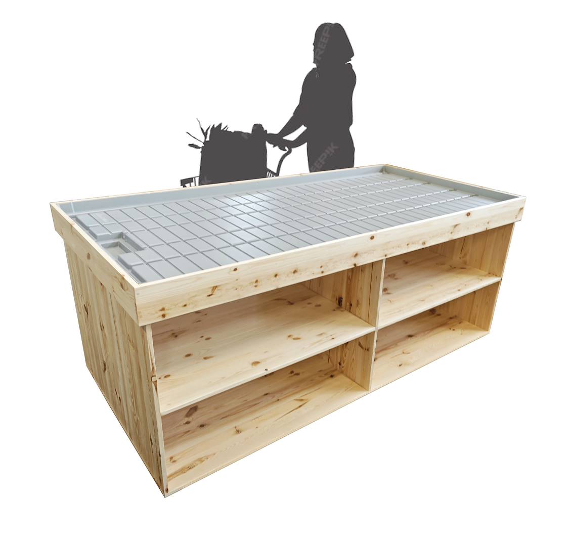 Wood podium with water tray, Size: 100 x 200 cm, Height: h 80 cm, Box: 1 unit