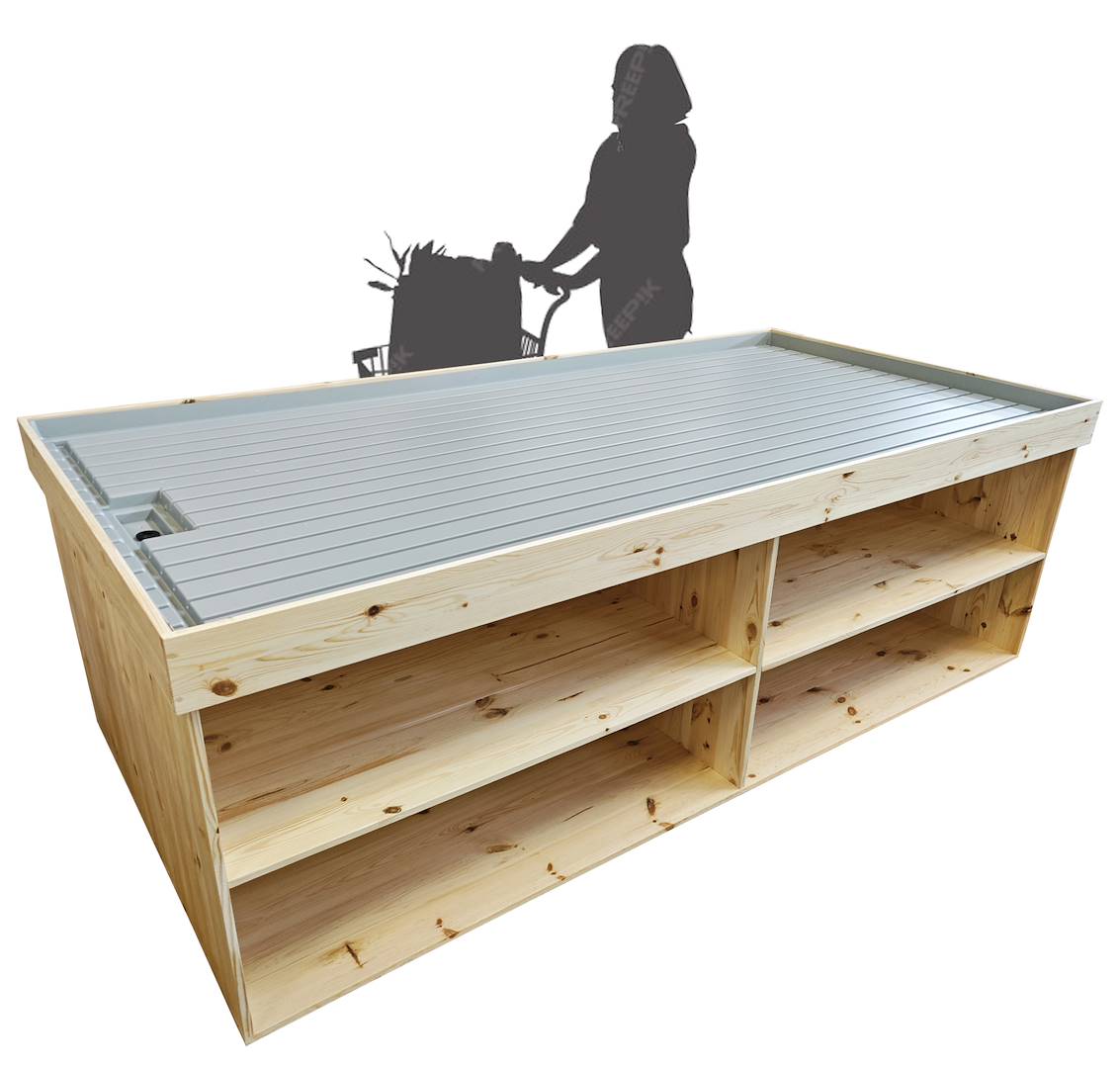 Wood podium with water tray, Size: 120 x 250 cm, Height: h 80 cm, Box: 4 units