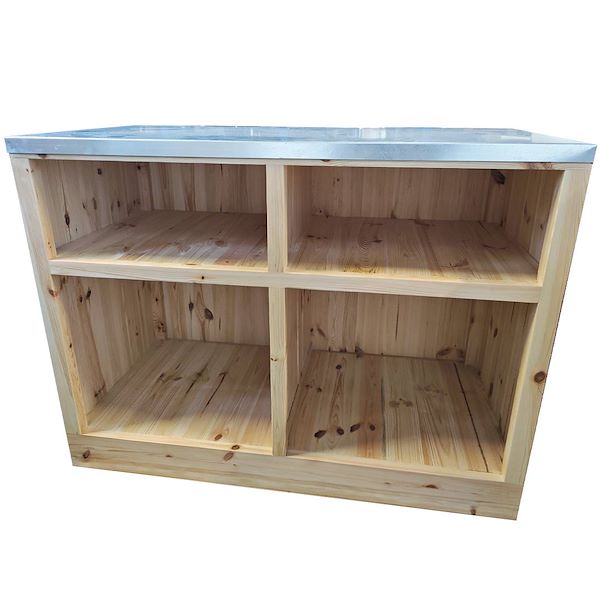 Natural wood counter with galvanized sheet metal top