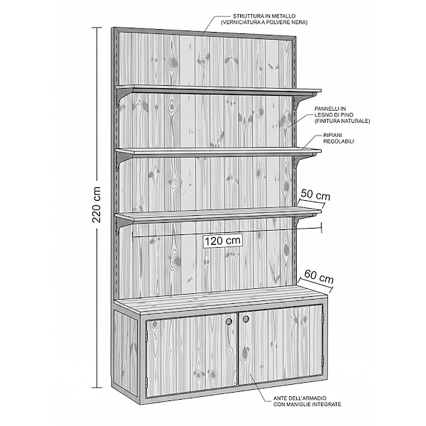 Стеллаж с ящиками из натурального дерева и профилем из окрашенного в черный цвет железа