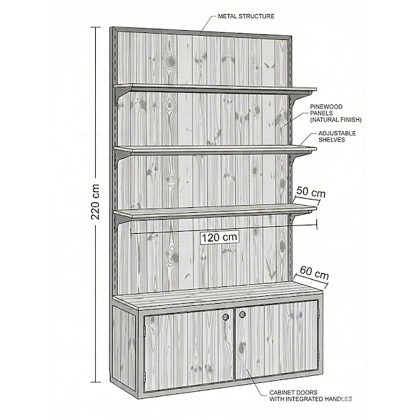 Shelving unit with natural wood boxes and black-painted iron frame