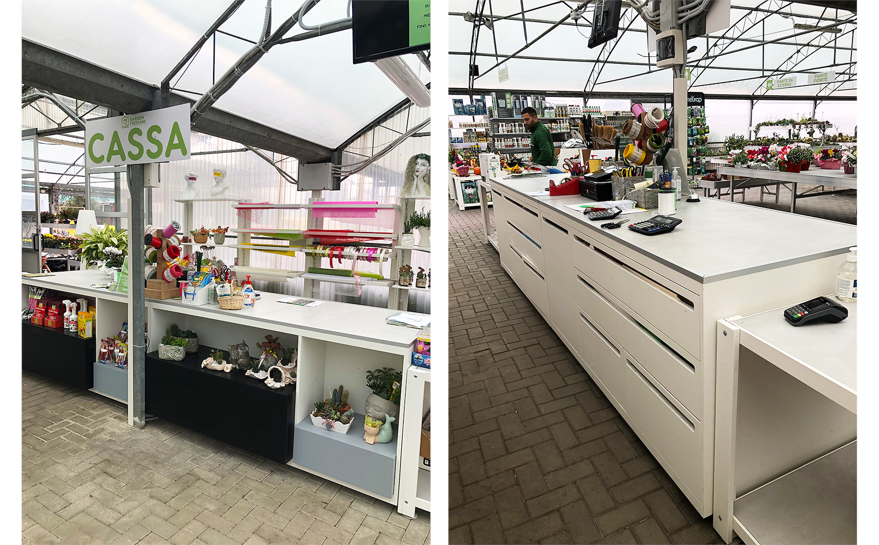 Next to the cash register is the composition desk, which has drawers and doors on the back for decoration materials.