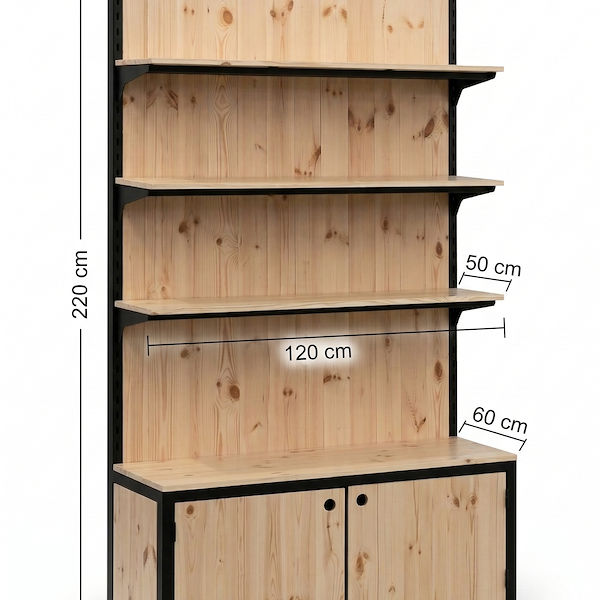 Стеллаж с ящиками из натурального дерева и профилем из окрашенного в черный цвет железа