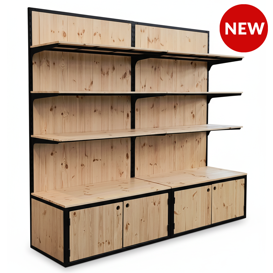Étagère avec boîtes en bois naturel et profilé en fer peint en noir