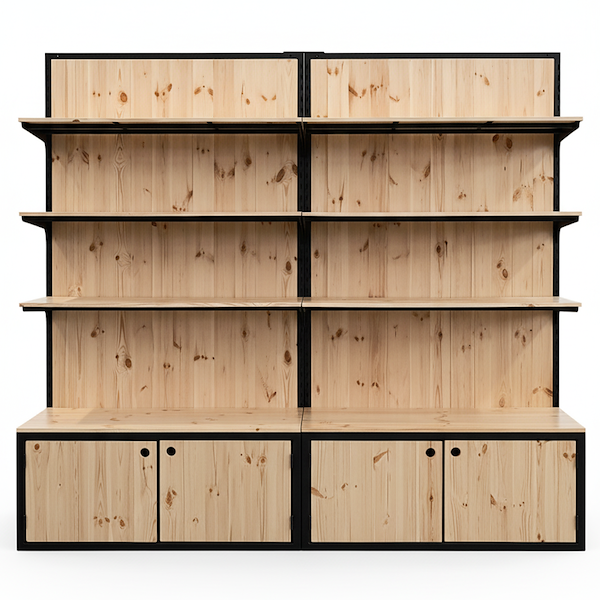 Shelving unit with natural wood boxes and black-painted iron frame