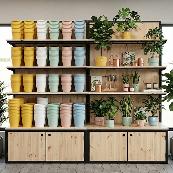 Стеллаж с ящиками из натурального дерева и профилем из окрашенного в черный цвет железа