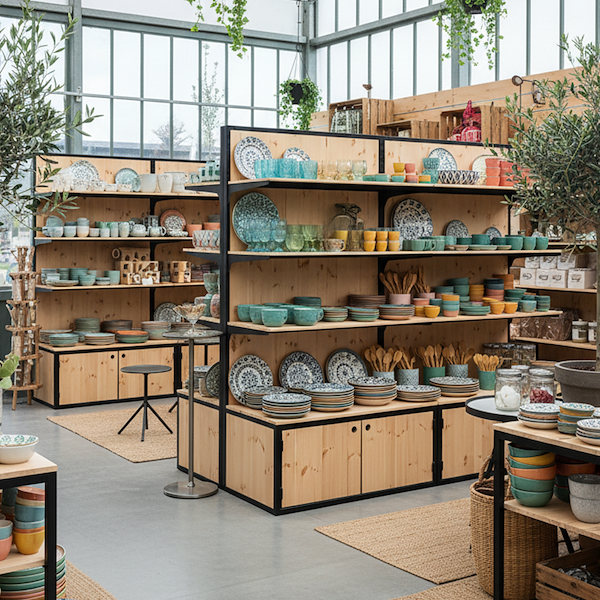 Shelving unit with natural wood boxes and black-painted iron frame