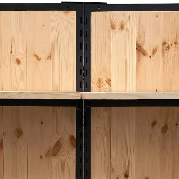 Shelving unit with natural wood boxes and black-painted iron frame