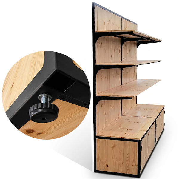 Shelving unit with natural wood boxes and black-painted iron frame