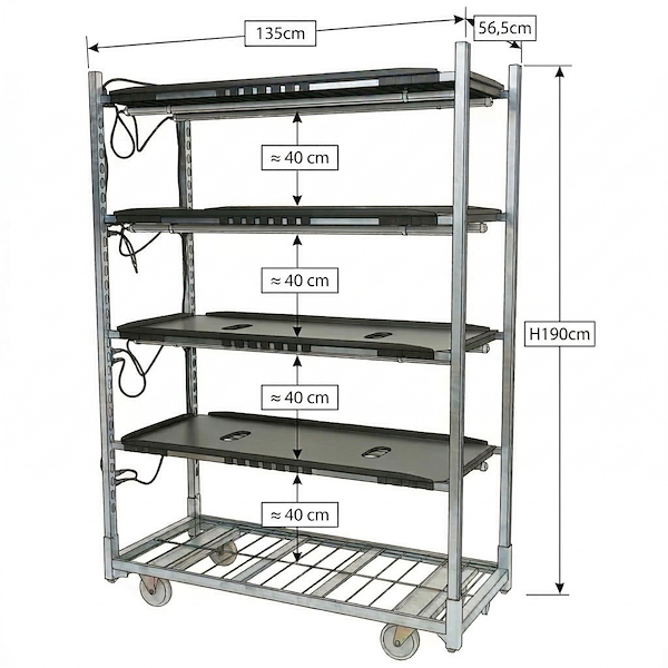 Сетчатая тележка 1350 со светодиодными лампами для проращивания TUBE WHITE PAR